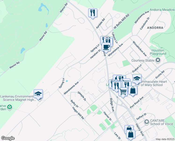 map of restaurants, bars, coffee shops, grocery stores, and more near 728 Manatawna Avenue in Philadelphia