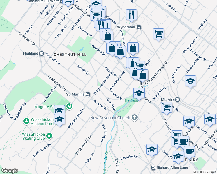 map of restaurants, bars, coffee shops, grocery stores, and more near 115 West Moreland Avenue in Philadelphia