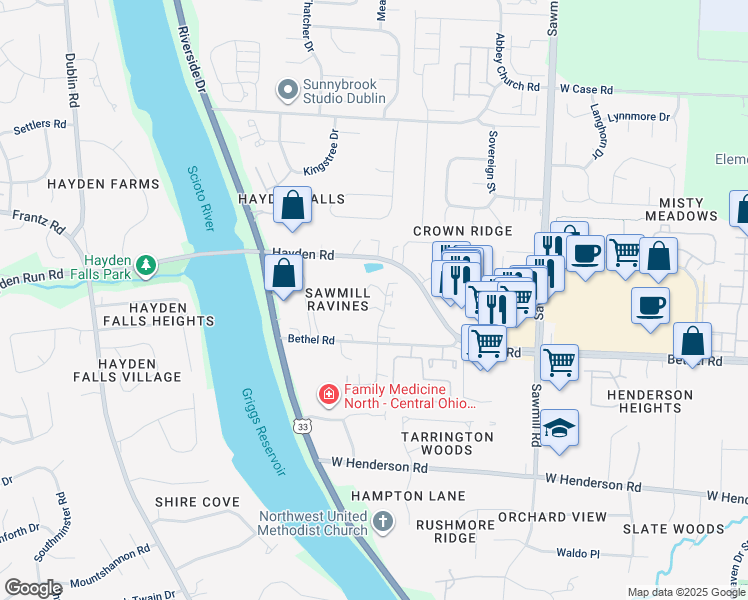map of restaurants, bars, coffee shops, grocery stores, and more near 5491 Kenneylane Boulevard in Columbus