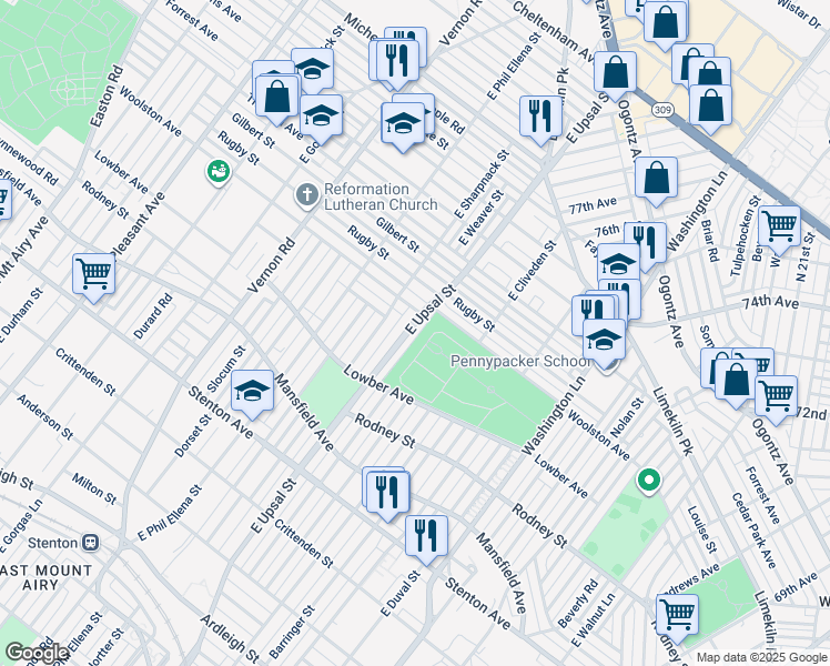 map of restaurants, bars, coffee shops, grocery stores, and more near 1178 East Upsal Street in Philadelphia