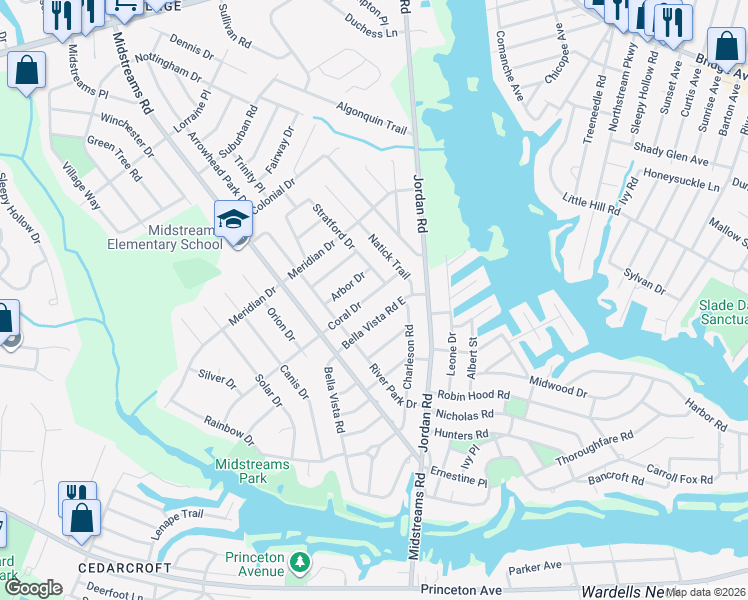 map of restaurants, bars, coffee shops, grocery stores, and more near 82 Coral Drive in Brick Township