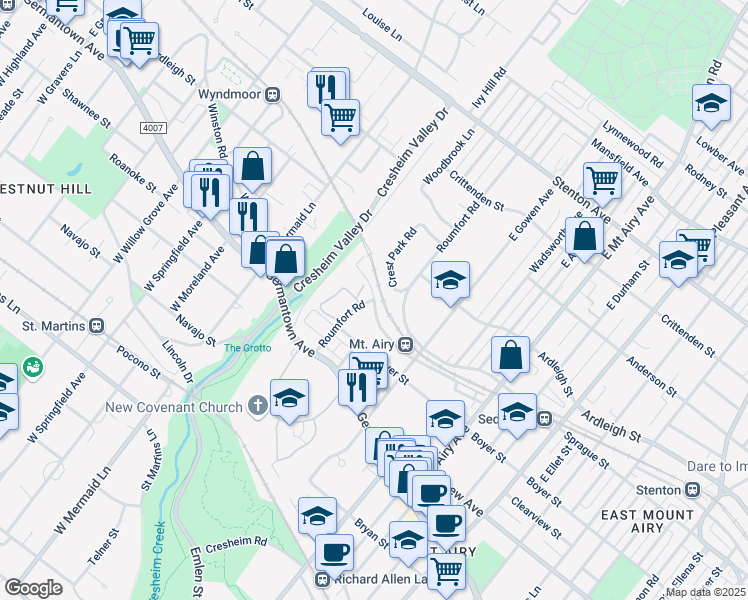 map of restaurants, bars, coffee shops, grocery stores, and more near E Roumfort Rd & Devon St in Philadelphia