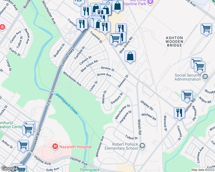 map of restaurants, bars, coffee shops, grocery stores, and more near 8834 Macon Street in Philadelphia