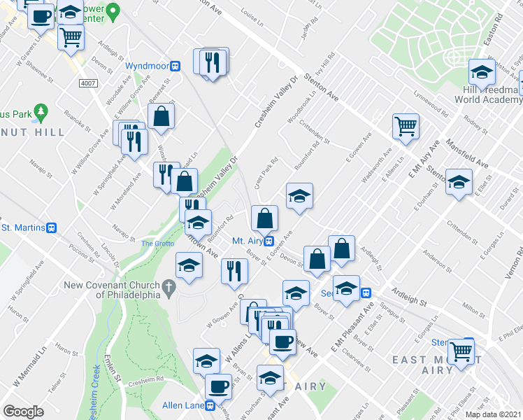 map of restaurants, bars, coffee shops, grocery stores, and more near 7432 Sprague Street in Philadelphia
