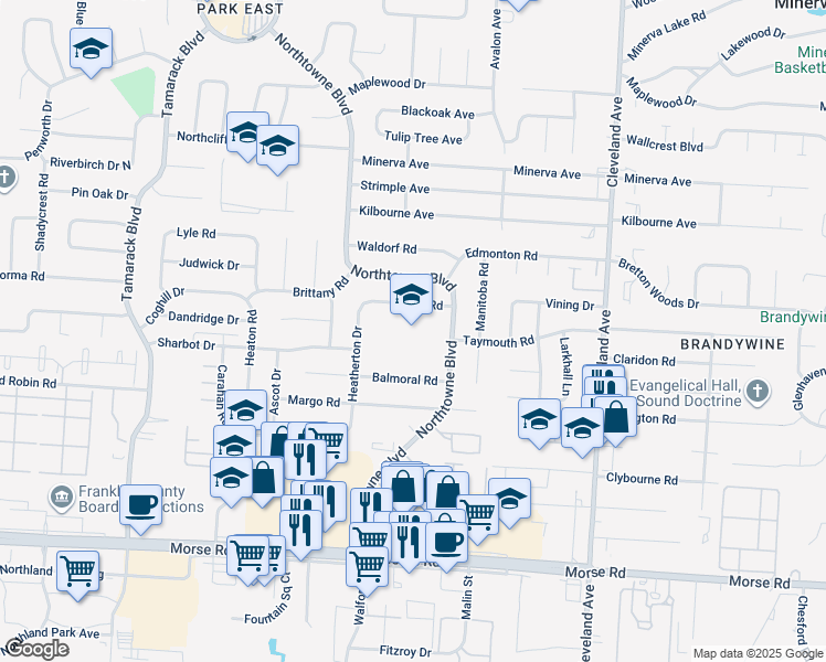 map of restaurants, bars, coffee shops, grocery stores, and more near 4767 Northtowne Boulevard in Columbus