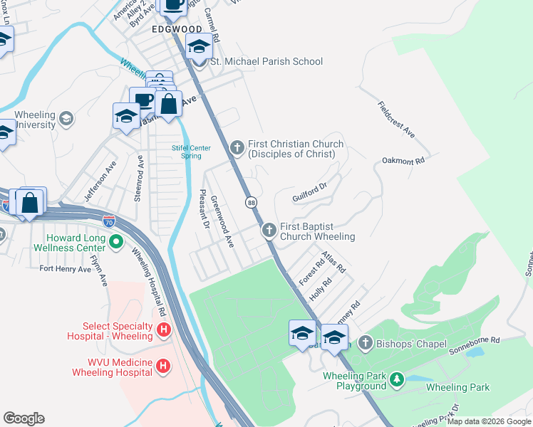 map of restaurants, bars, coffee shops, grocery stores, and more near 1429 Beverly Drive in Wheeling