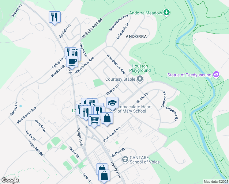map of restaurants, bars, coffee shops, grocery stores, and more near 8619 Old Line Road in Philadelphia
