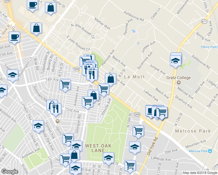map of restaurants, bars, coffee shops, grocery stores, and more near 1708 Chelsea Road in La Mott