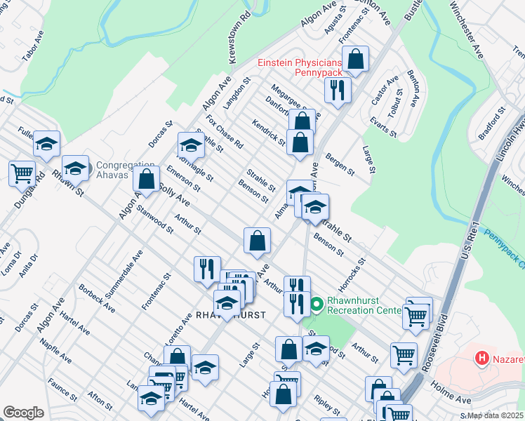 map of restaurants, bars, coffee shops, grocery stores, and more near 1851 Hoffnagle Street in Philadelphia