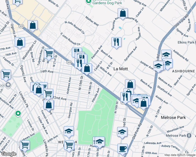 map of restaurants, bars, coffee shops, grocery stores, and more near 1708 Chelsea Road in La Mott