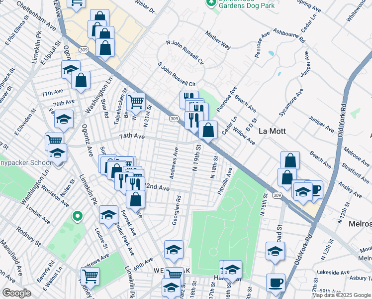 map of restaurants, bars, coffee shops, grocery stores, and more near 1921 Penfield Street in Philadelphia