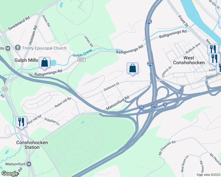 map of restaurants, bars, coffee shops, grocery stores, and more near 429 New Dehaven Street in Conshohocken