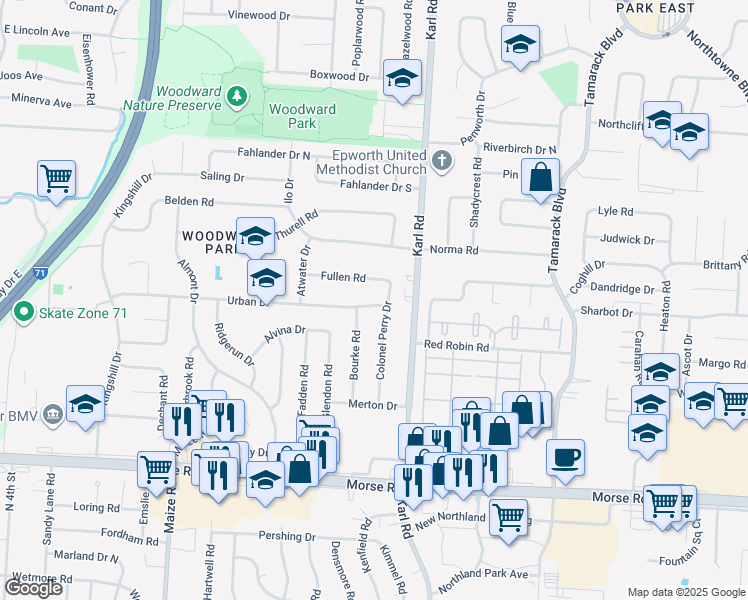map of restaurants, bars, coffee shops, grocery stores, and more near 1492 Urban Drive in Columbus