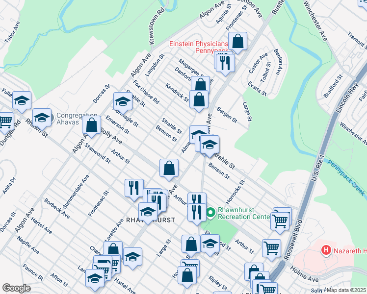 map of restaurants, bars, coffee shops, grocery stores, and more near 8314 Alma Street in Philadelphia