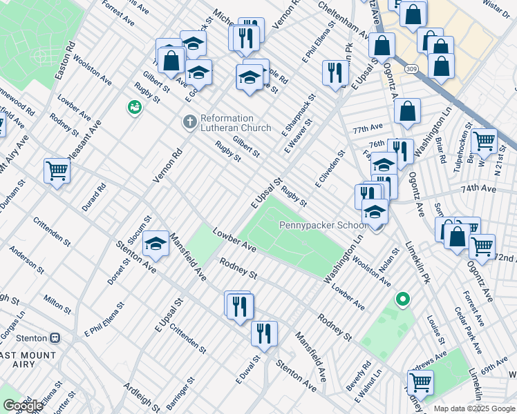 map of restaurants, bars, coffee shops, grocery stores, and more near 1178 East Upsal Street in Philadelphia