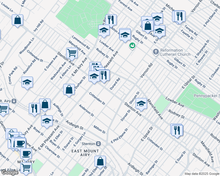 map of restaurants, bars, coffee shops, grocery stores, and more near 917 Durard Road in Philadelphia