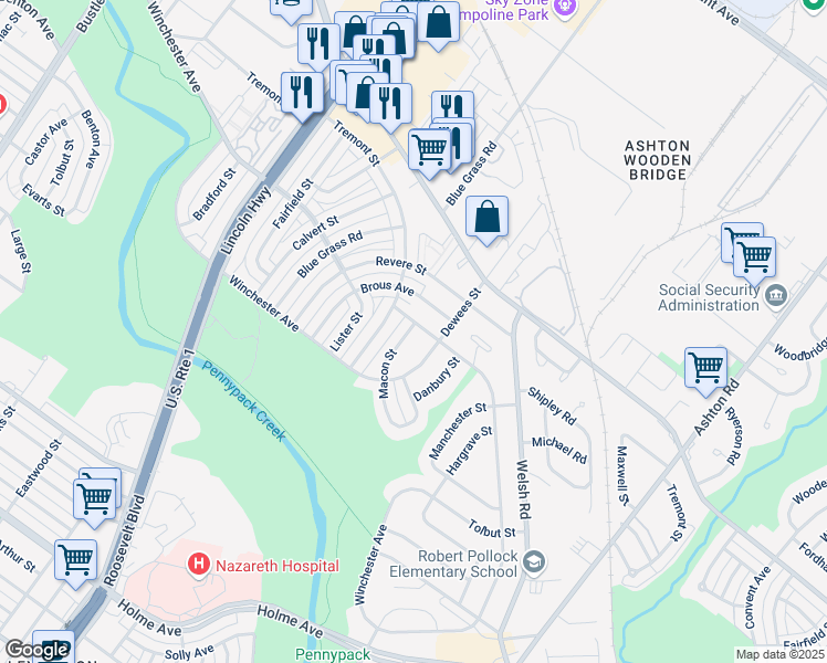 map of restaurants, bars, coffee shops, grocery stores, and more near 8830 Macon Street in Philadelphia