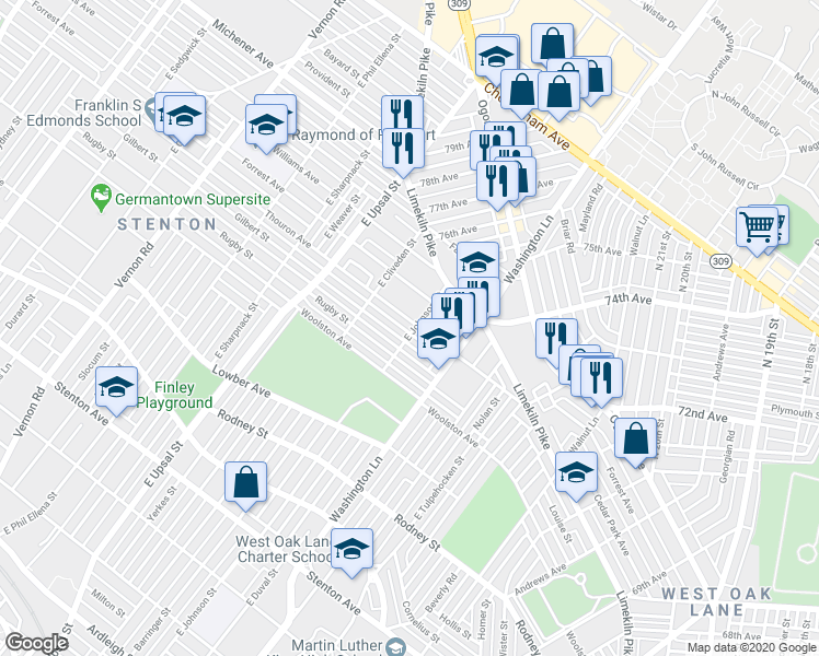 map of restaurants, bars, coffee shops, grocery stores, and more near 7500 Thouron Avenue in Philadelphia