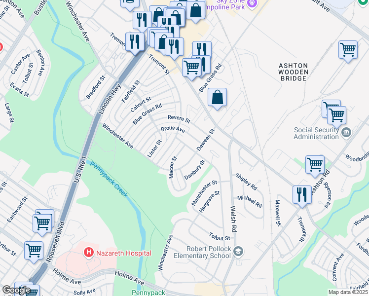 map of restaurants, bars, coffee shops, grocery stores, and more near 8830 Macon Street in Philadelphia