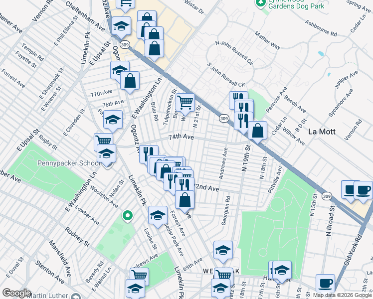 map of restaurants, bars, coffee shops, grocery stores, and more near 7319 North 21st Street in Philadelphia