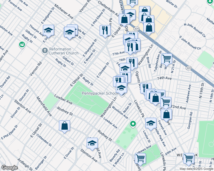 map of restaurants, bars, coffee shops, grocery stores, and more near 7500 Thouron Avenue in Philadelphia