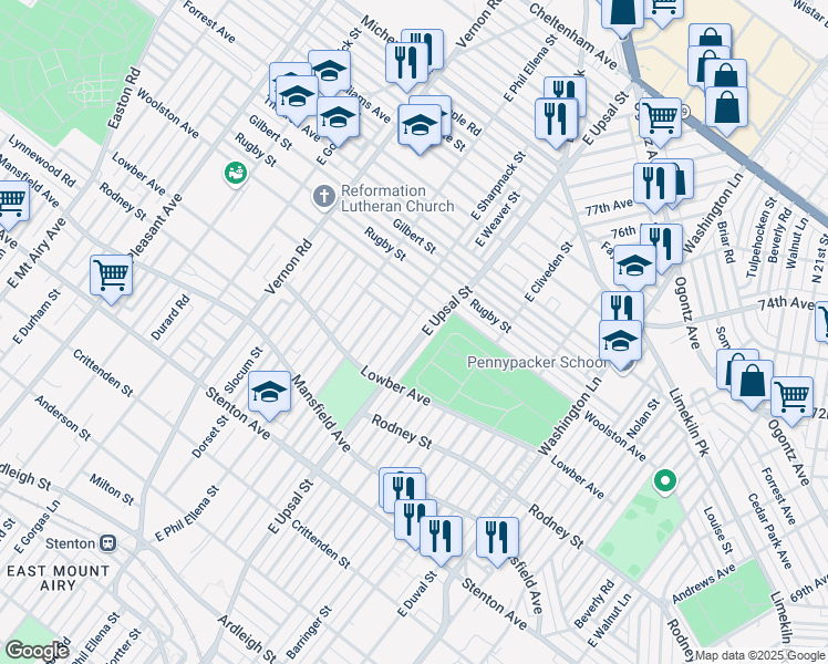 map of restaurants, bars, coffee shops, grocery stores, and more near 1170 East Upsal Street in Philadelphia