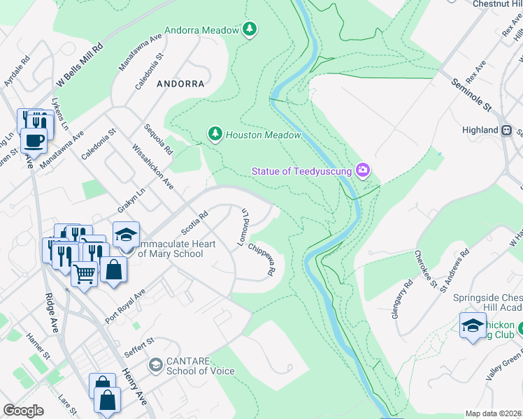map of restaurants, bars, coffee shops, grocery stores, and more near 905 Glenroy Road in Philadelphia