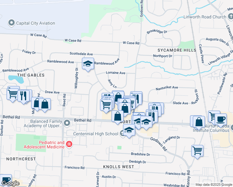 map of restaurants, bars, coffee shops, grocery stores, and more near 1484 Braeton Parkway in Columbus