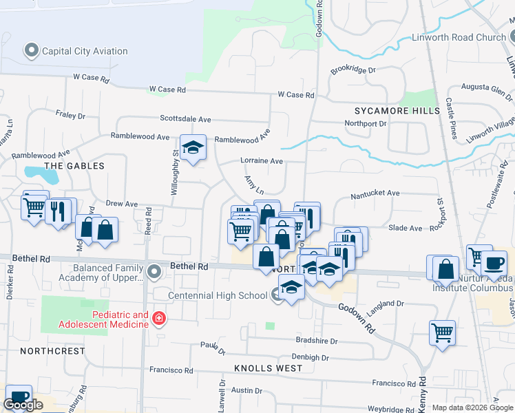 map of restaurants, bars, coffee shops, grocery stores, and more near 1484 Braeton Parkway in Columbus