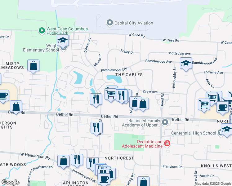 map of restaurants, bars, coffee shops, grocery stores, and more near 2090 Crown Plaza Drive in Columbus
