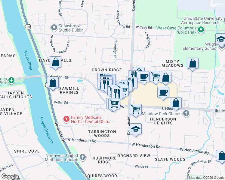 map of restaurants, bars, coffee shops, grocery stores, and more near 2900 Bethel Road in Columbus