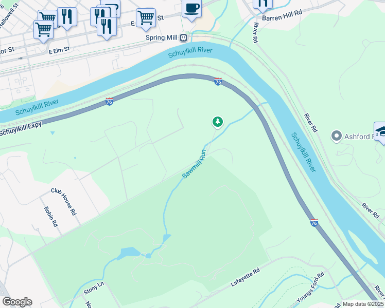 map of restaurants, bars, coffee shops, grocery stores, and more near 1850 Spring Mill Road in Gladwyne