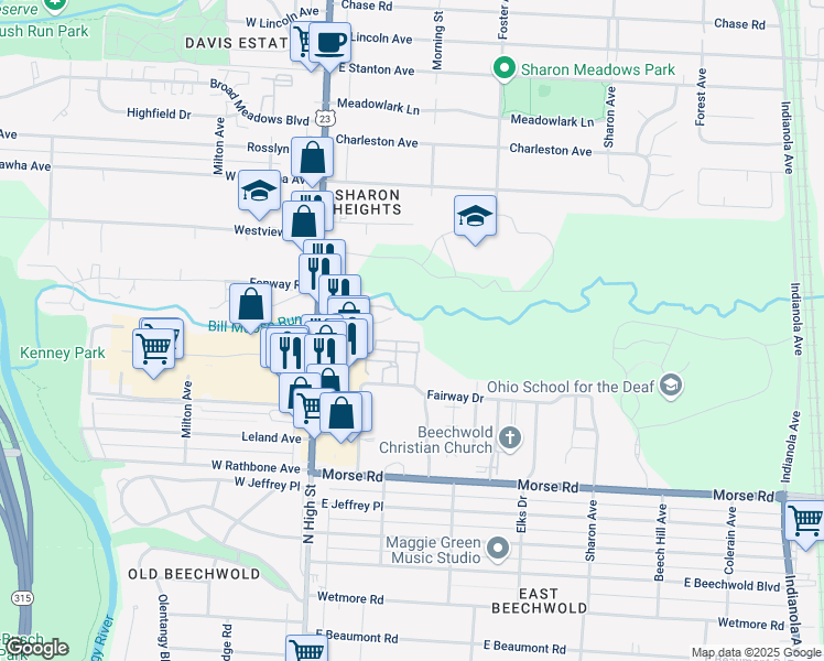 map of restaurants, bars, coffee shops, grocery stores, and more near 5140 North High Street in Columbus