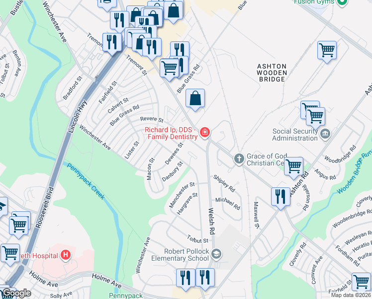 map of restaurants, bars, coffee shops, grocery stores, and more near 8926 Maxwell Place in Philadelphia
