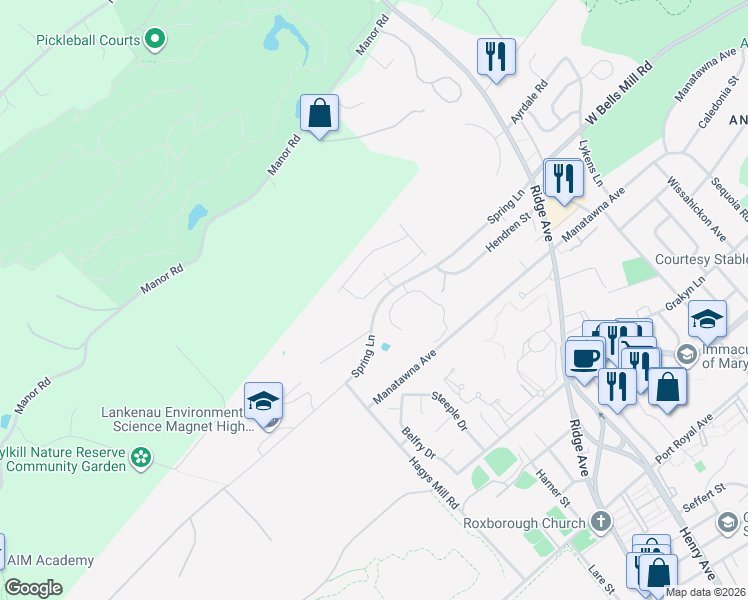 map of restaurants, bars, coffee shops, grocery stores, and more near 576 Spring Lane in Philadelphia