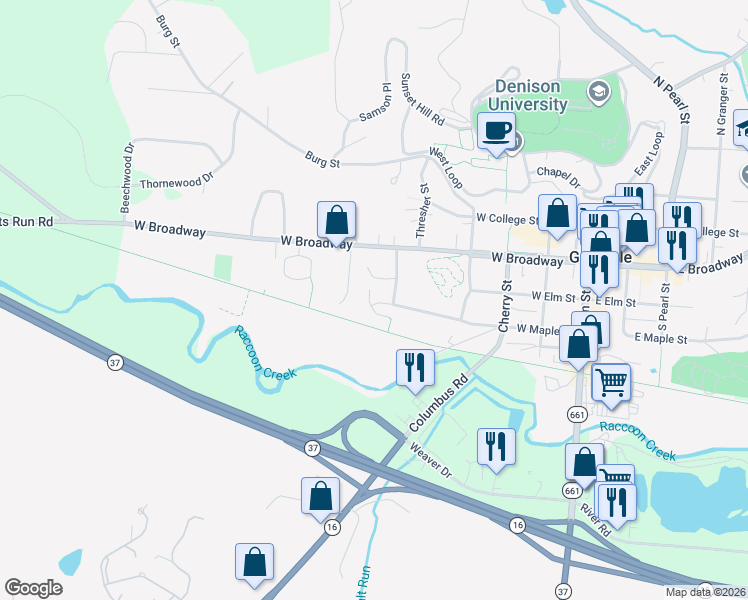 map of restaurants, bars, coffee shops, grocery stores, and more near 750 West Maple Street in Granville