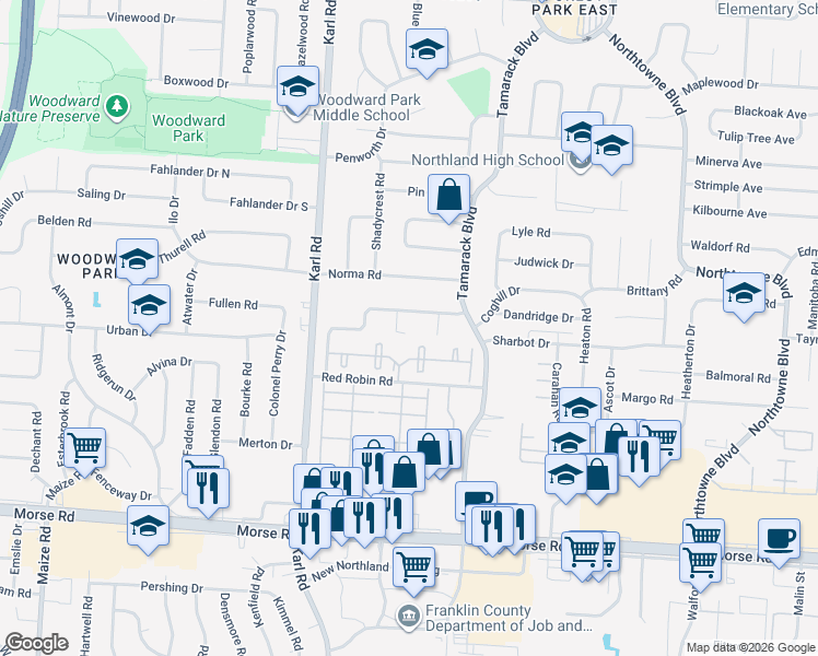 map of restaurants, bars, coffee shops, grocery stores, and more near 4845 Snowbird Circle in Columbus