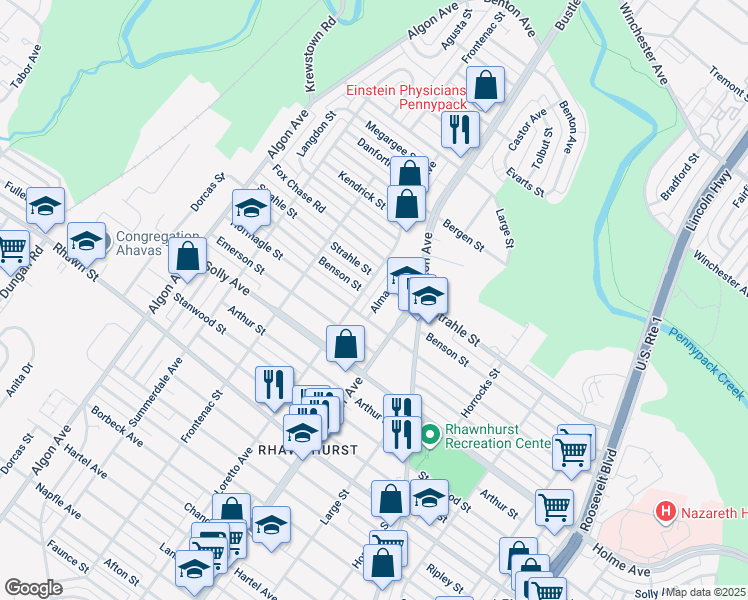 map of restaurants, bars, coffee shops, grocery stores, and more near 8314 Alma Street in Philadelphia
