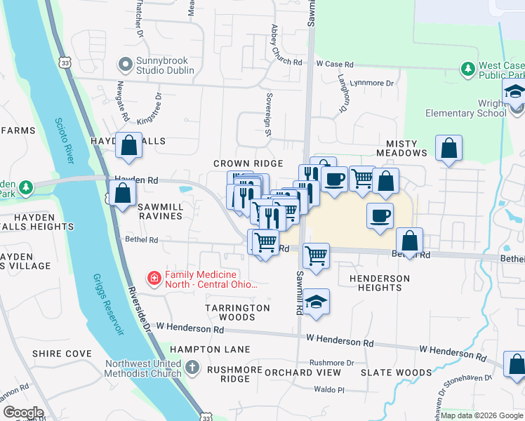 map of restaurants, bars, coffee shops, grocery stores, and more near 2900 Bethel Road in Columbus