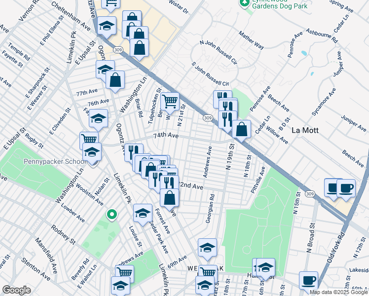map of restaurants, bars, coffee shops, grocery stores, and more near 7332 North 20th Street in Philadelphia
