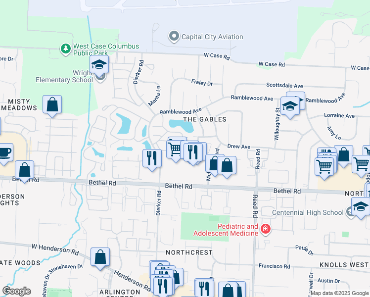 map of restaurants, bars, coffee shops, grocery stores, and more near 5410 Baneberry Avenue in Columbus