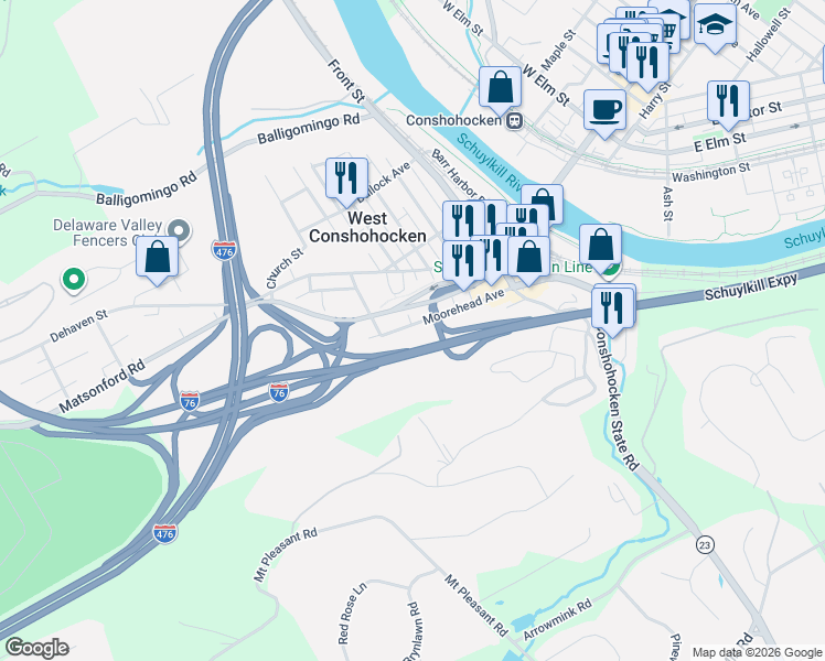 map of restaurants, bars, coffee shops, grocery stores, and more near 217 Moorehead Avenue in Conshohocken