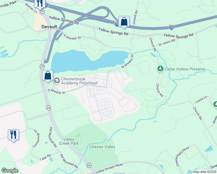 map of restaurants, bars, coffee shops, grocery stores, and more near 610 Stonecliffe Road in Malvern