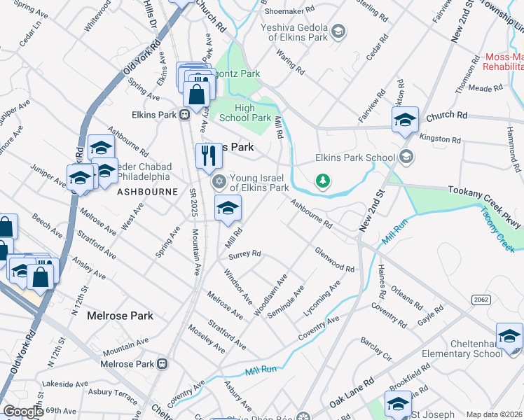 map of restaurants, bars, coffee shops, grocery stores, and more near 7719 Mill Road in Elkins Park