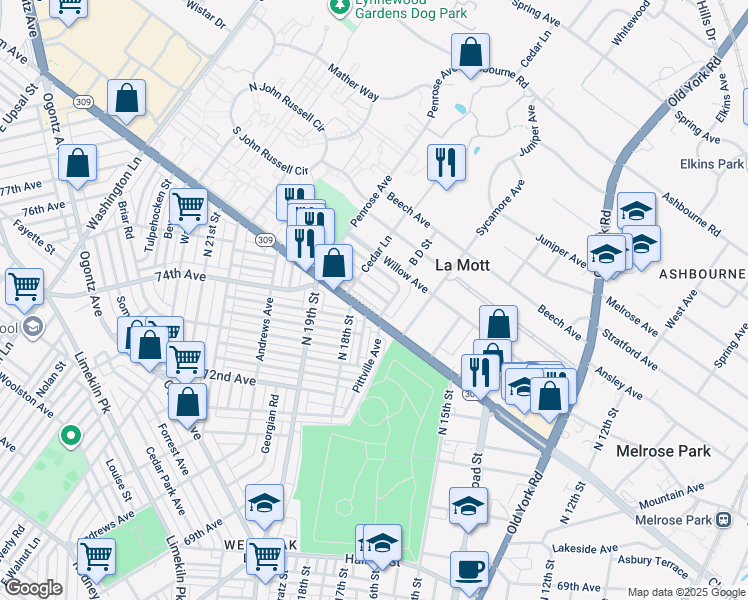 map of restaurants, bars, coffee shops, grocery stores, and more near 1712 Chelsea Road in La Mott