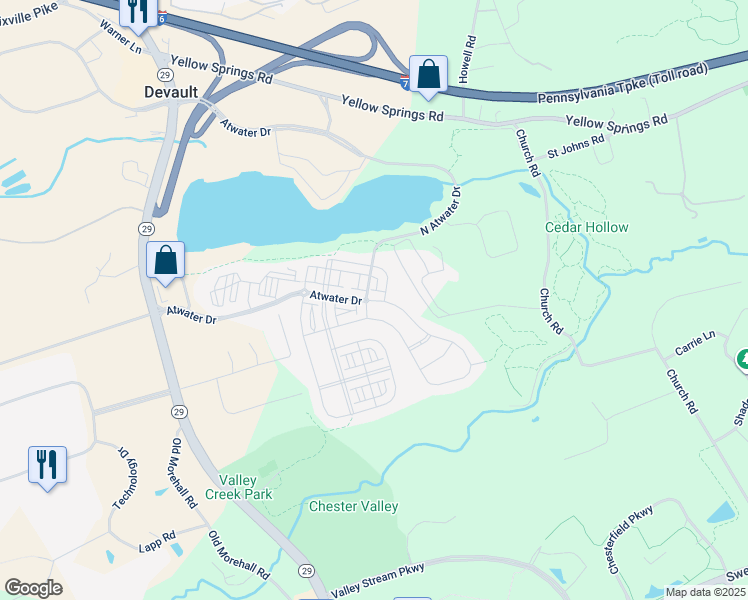 map of restaurants, bars, coffee shops, grocery stores, and more near 610 Stonecliffe Road in Malvern