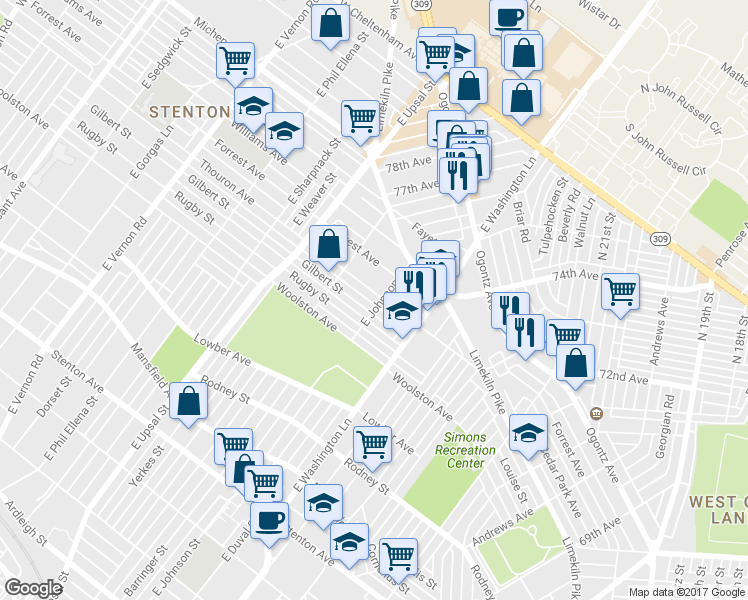 map of restaurants, bars, coffee shops, grocery stores, and more near 7502 Thouron Avenue in Philadelphia