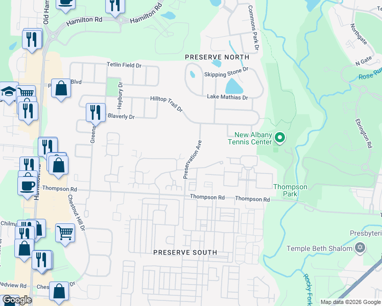 map of restaurants, bars, coffee shops, grocery stores, and more near 4224 Preservation Avenue in New Albany
