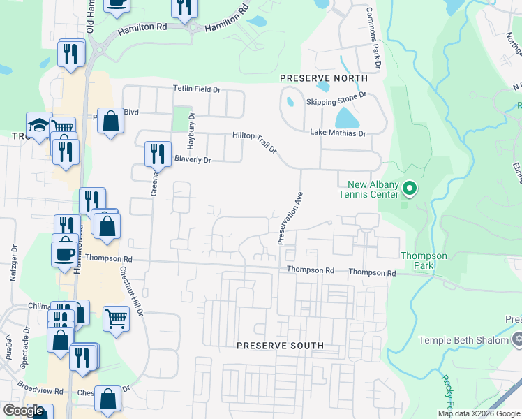 map of restaurants, bars, coffee shops, grocery stores, and more near 6232 Brickside Drive in New Albany