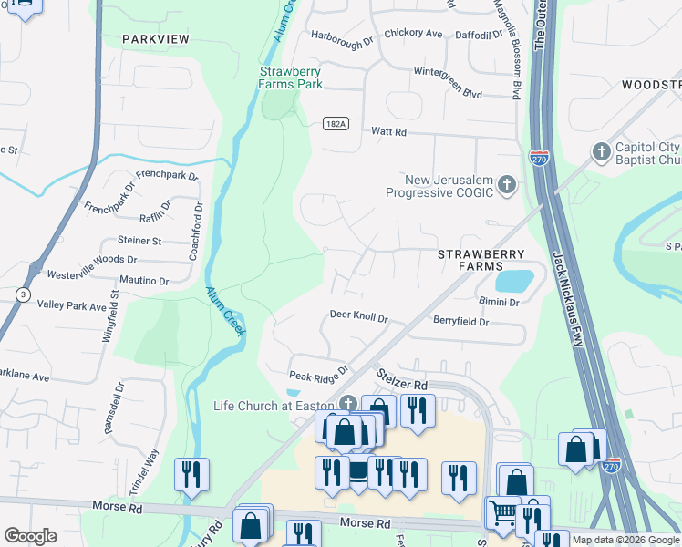 map of restaurants, bars, coffee shops, grocery stores, and more near 3830 Hampton Woods Drive in Columbus